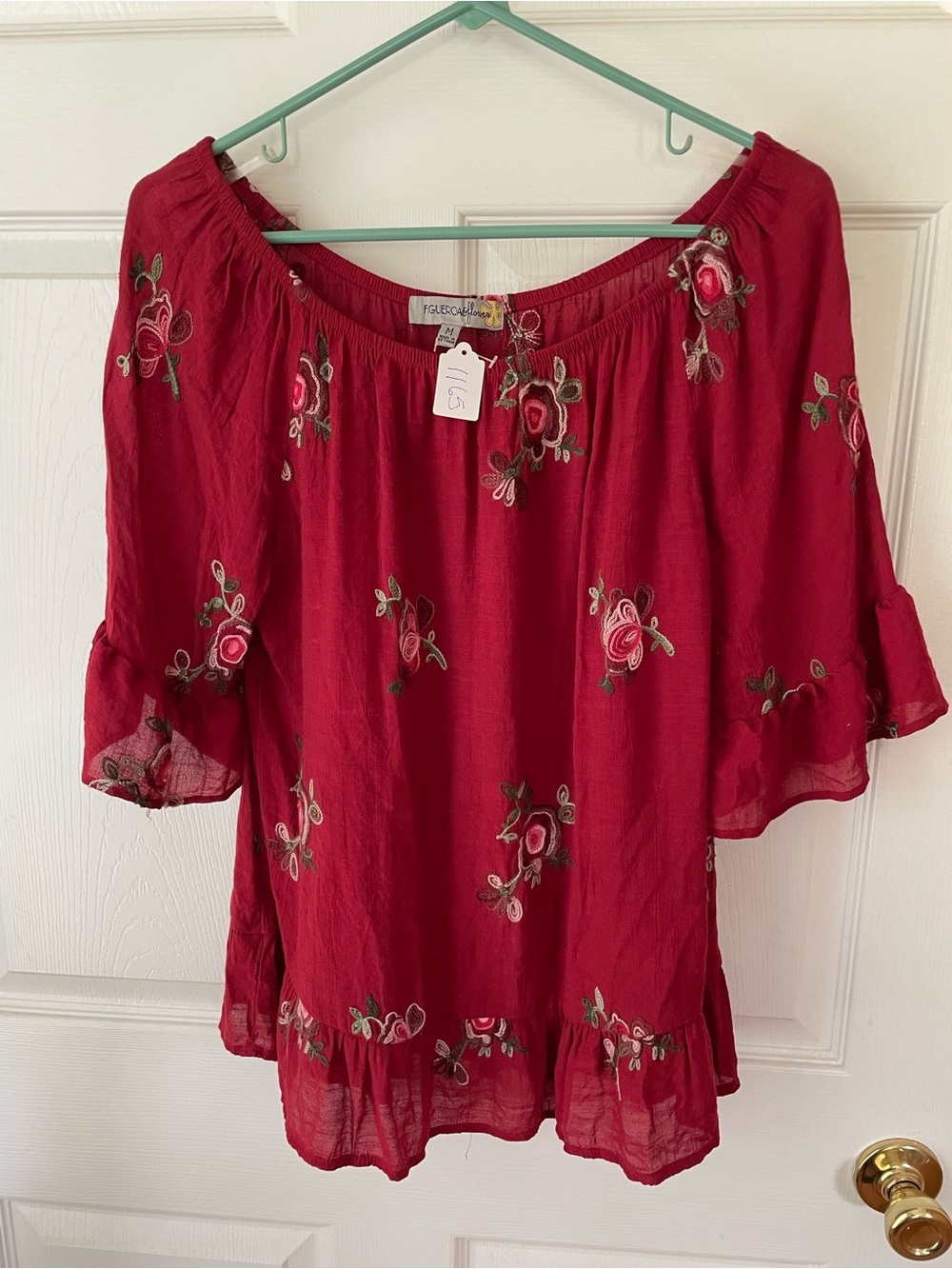 Figueroa & Flower Medium Embroidered Peasant Blouse Boho Gauze Rose Top M